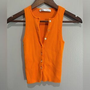 Zara Orange Ribbed Button Front Stretch Knit Tank Top Size M